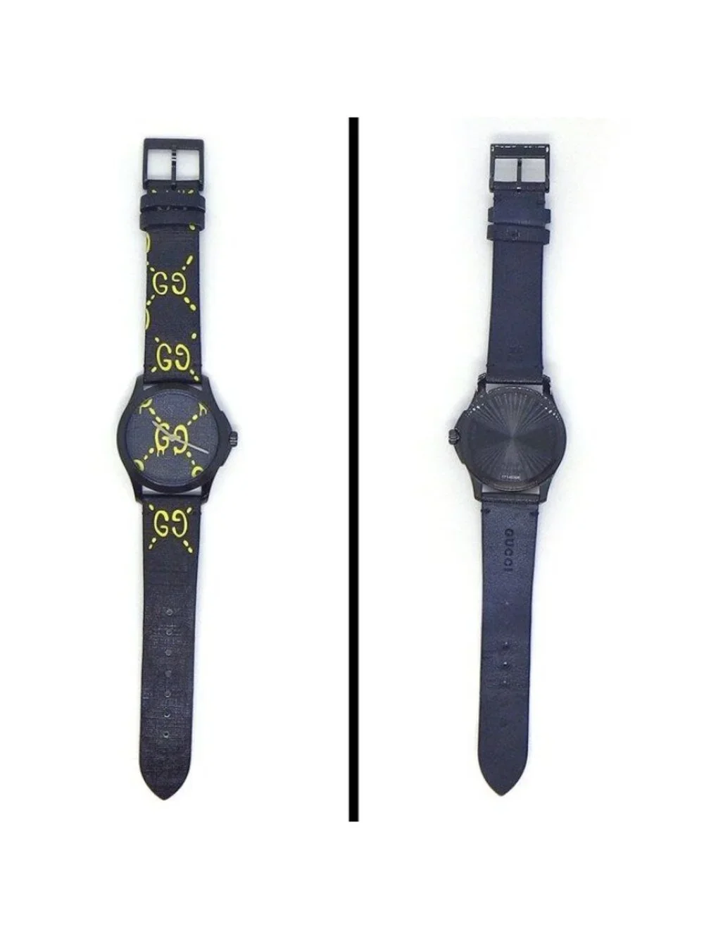 Gucci Watch Timeless Ghost 126.4 Black Yellow Dial GG Leather SS Quartz Analog